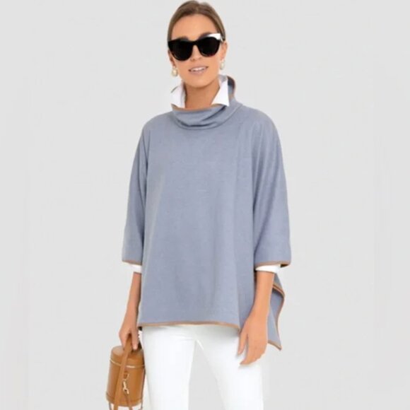 Tuckernuck Sweaters - TUCKERNUCK Womens Slate Blue Leather Trim Funnel Neck Piper Poncho Gray One Size